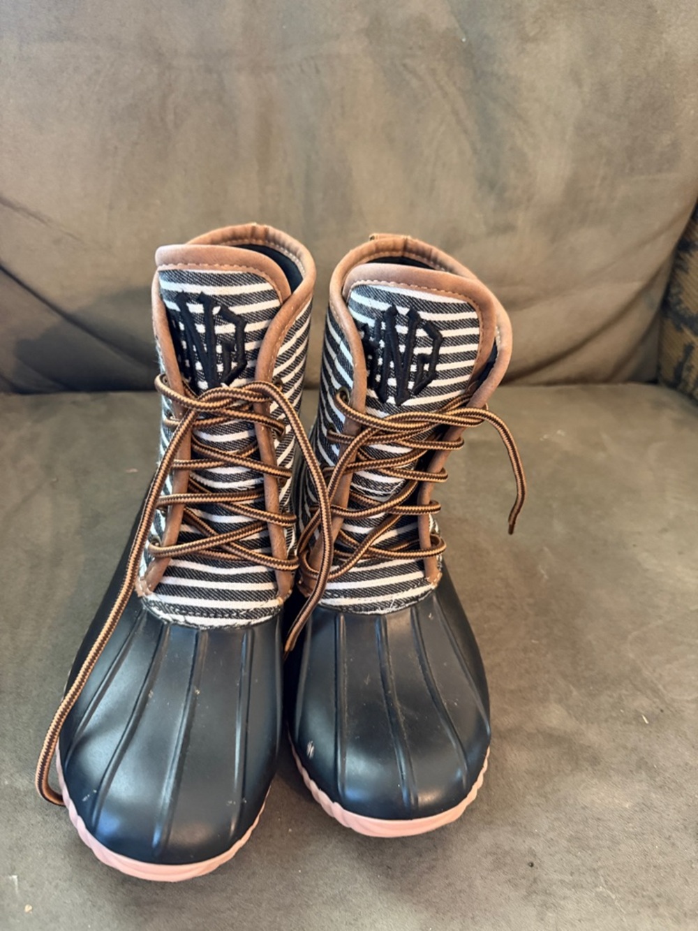 Marleylilly Monogrammed Black Striped Duck Boots